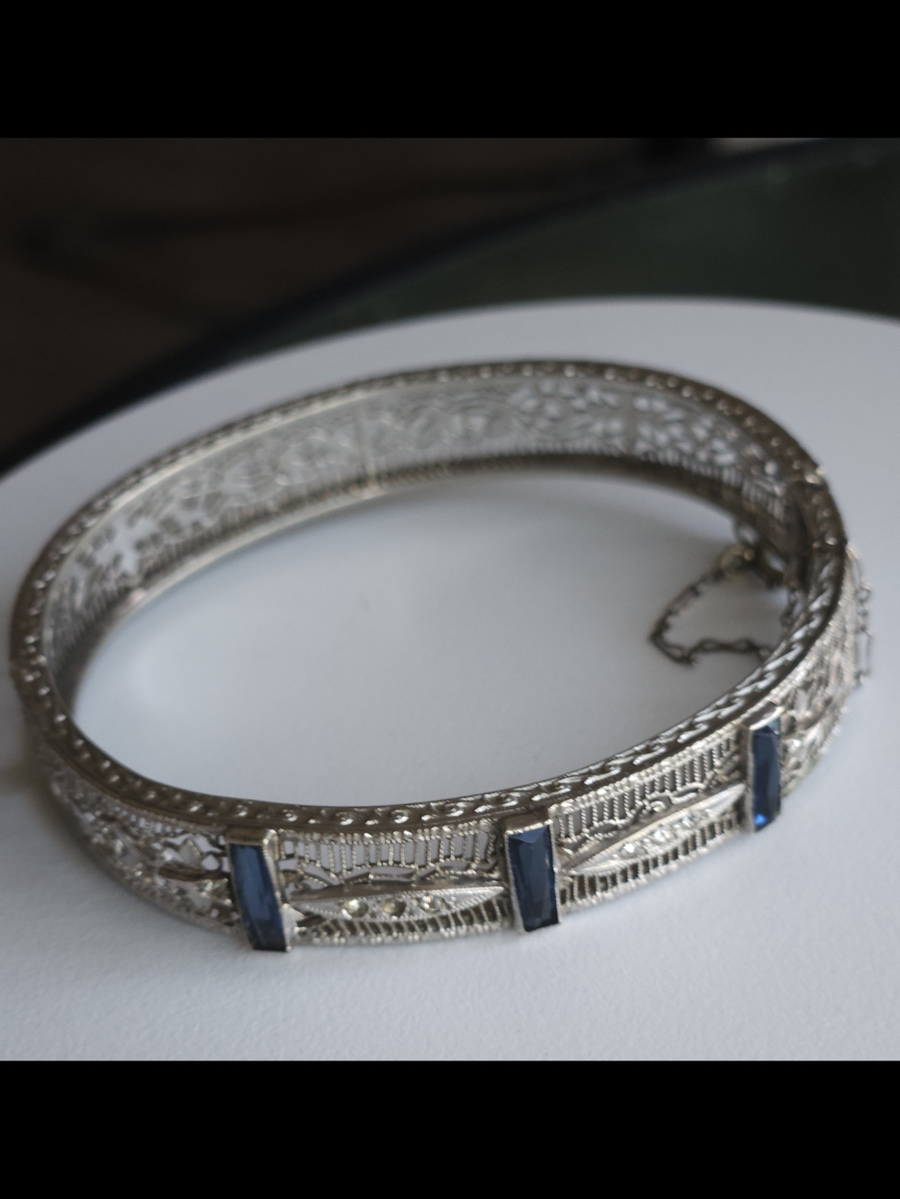 Vintage Art Deco Filigree Hinged Bangle Bracelet • Sapphire Blue Glass Baguettes